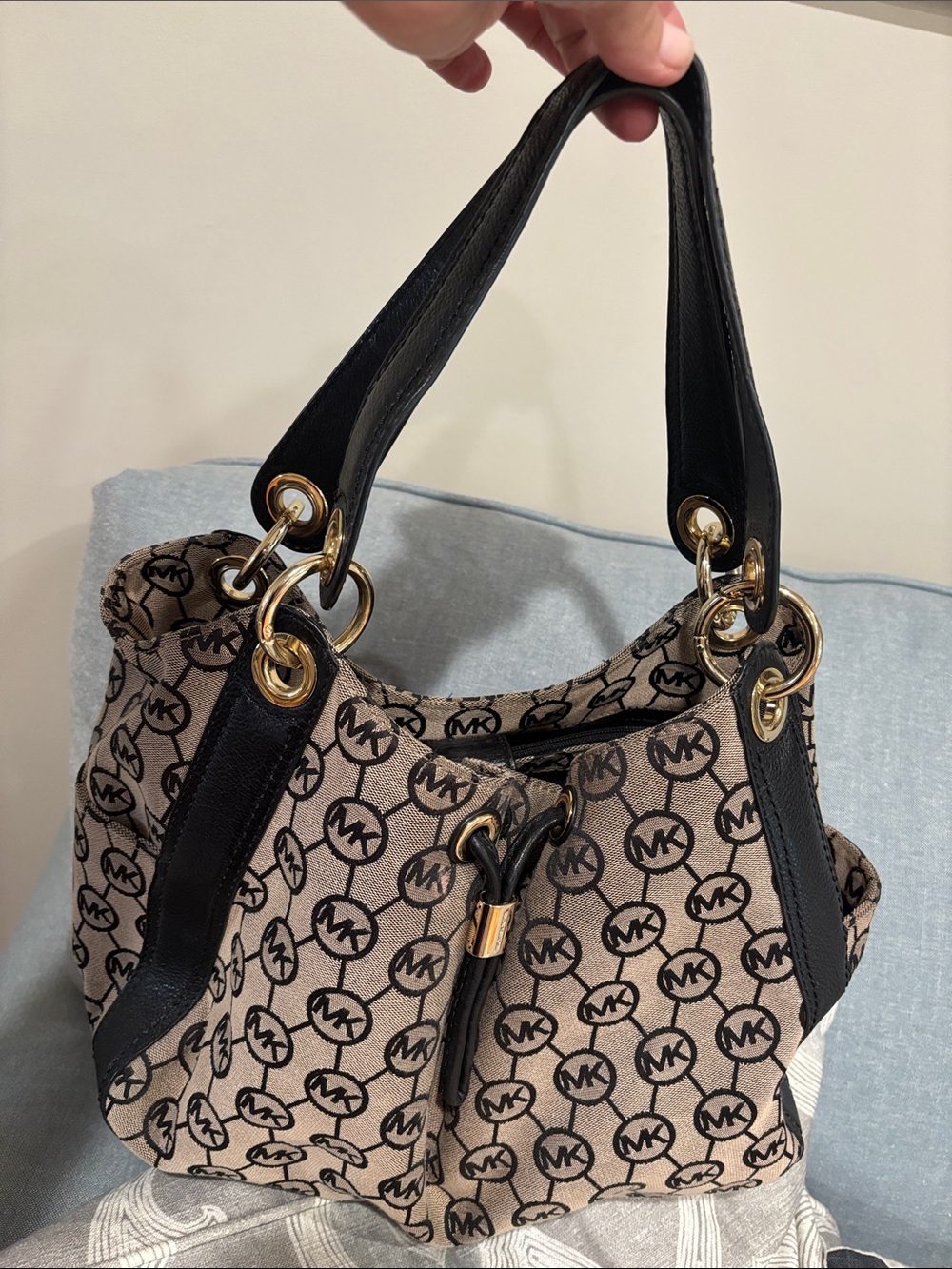 Michael Kors Beige MK Logo Shoulder Bag with Black Trim and Gold Hardware